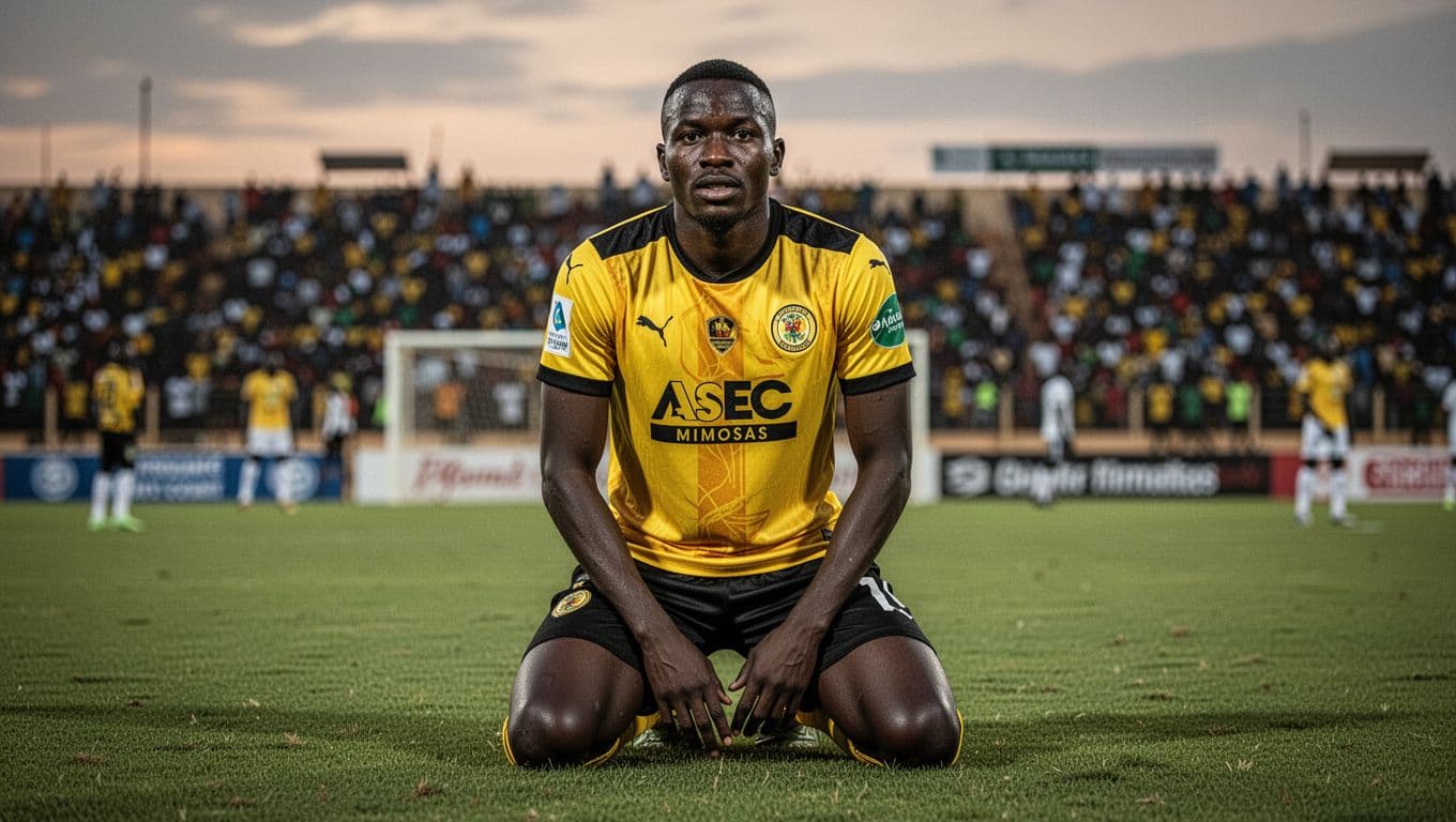 ASEC Mimosas player in yellow-black jersey kneels dejected on green pitch at Bouaké stadium during sunset, crowd in background.