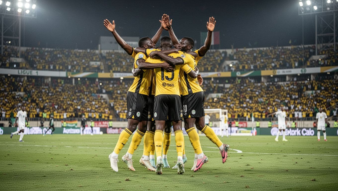 Three ASEC Mimosas players in yellow-black jerseys jump high in group hug on green pitch with cheering crowd.