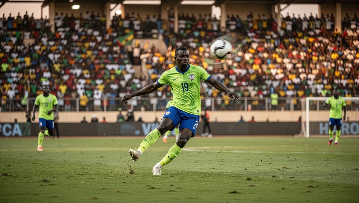 ASEC Mimosas players in dynamic action on green field in Ivory Coast stadium, evening lights, cheering crowd.