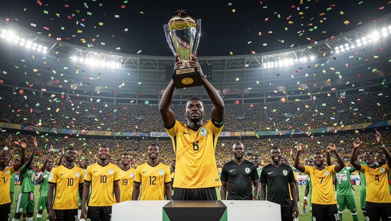 ASEC Mimosas players in yellow-black jerseys lift trophy on podium in crowded night stadium, confetti falling, fans cheering.