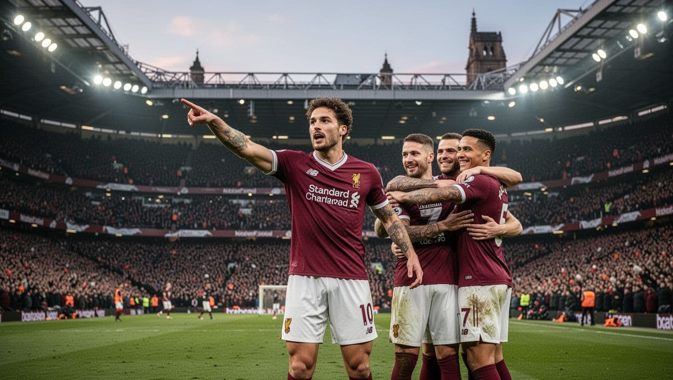 Aston Villa player points to cheering crowd as two teammates hug him during goal celebration under evening stadium lights.