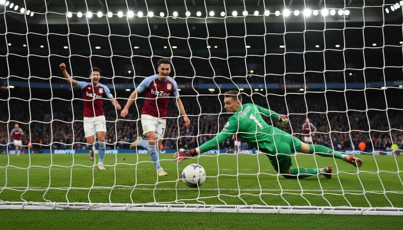 Aston Villa forward slots ball into net past diving Nottingham Forest goalkeeper, teammate celebrates behind.