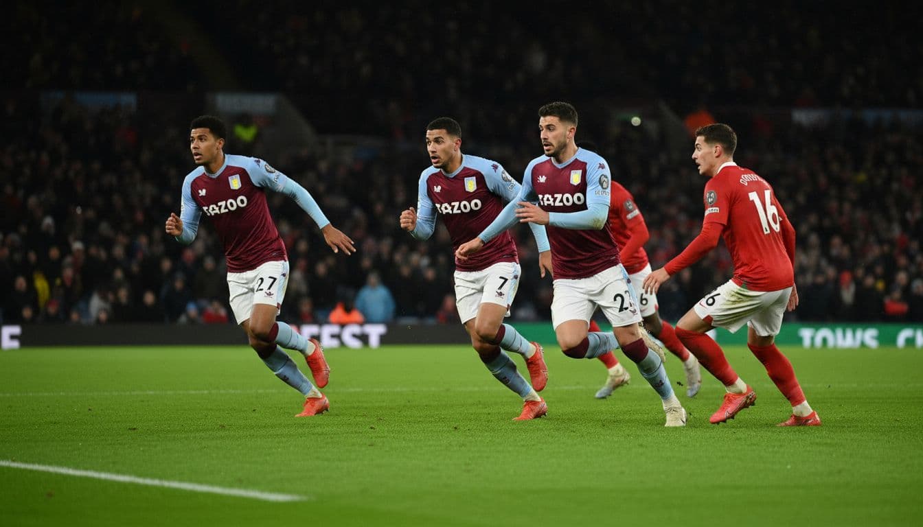 Three Aston Villa players in claret-blue kits press two Nottingham Forest defenders in red retreating deep on green pitch under floodlights.