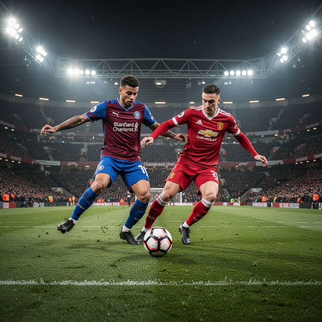 Two soccer players in claret-blue and red kits compete for ball possession on the stadium grass.