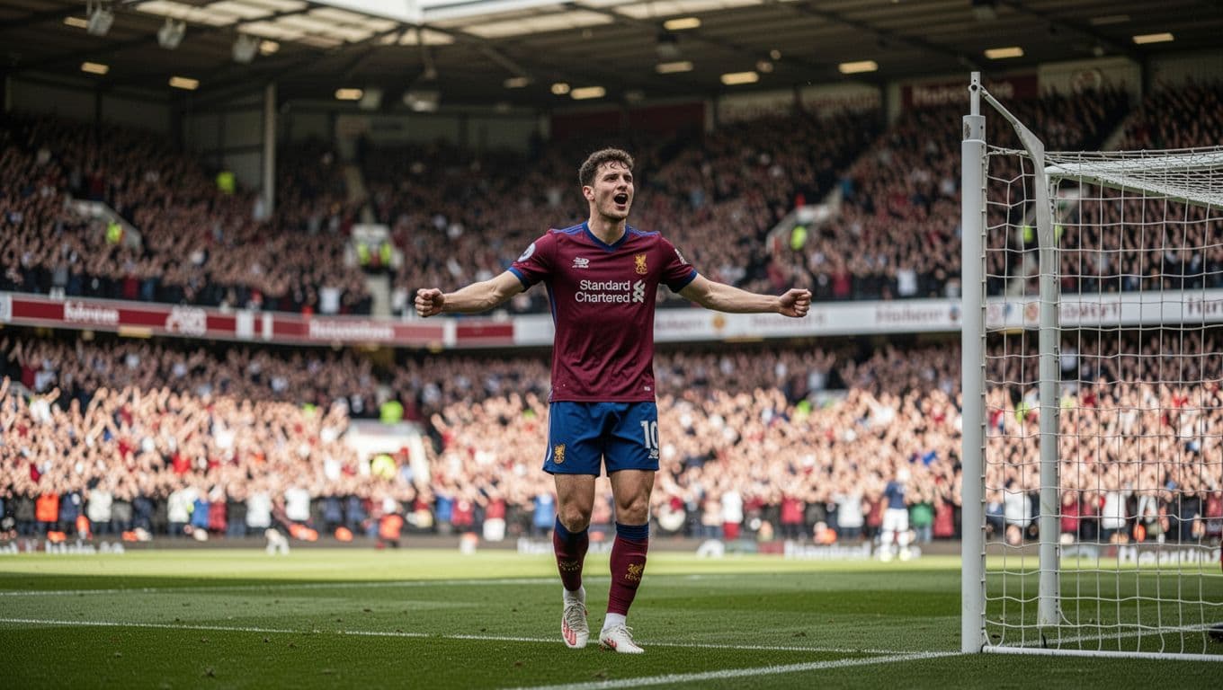 A football player in claret and blue kit celebrates near the corner flag at Villa Park.