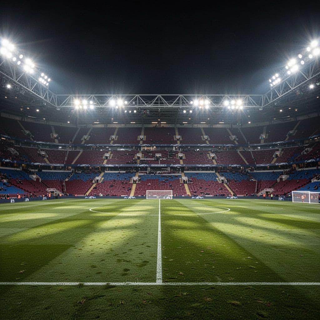 Empty football stadium under bright floodlights at night, viewed from pitch with claret and blue seats.