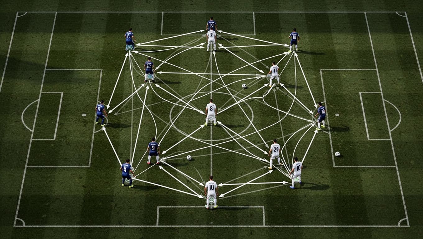 White lines on dark green pitch show spatial player positions and movements in abstract tactical style.