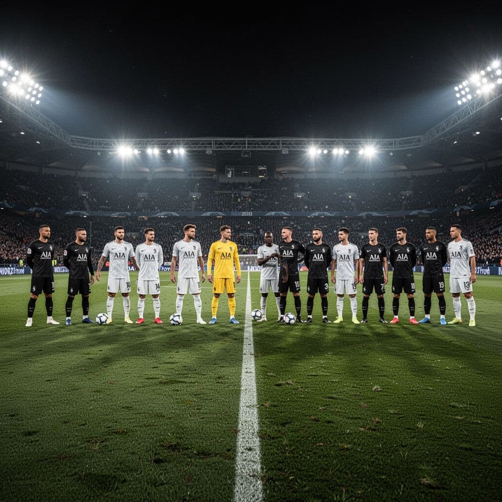 Wide-angle night view of two football teams facing each other on a lit stadium pitch.