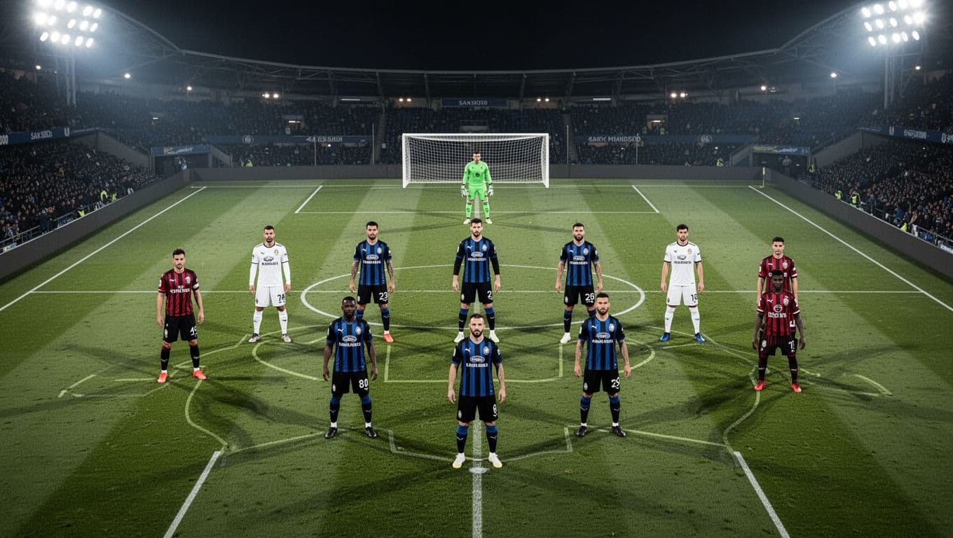 Infographic diagram of Atalanta's 3-4-1-2 soccer formation on San Siro's green field at night.