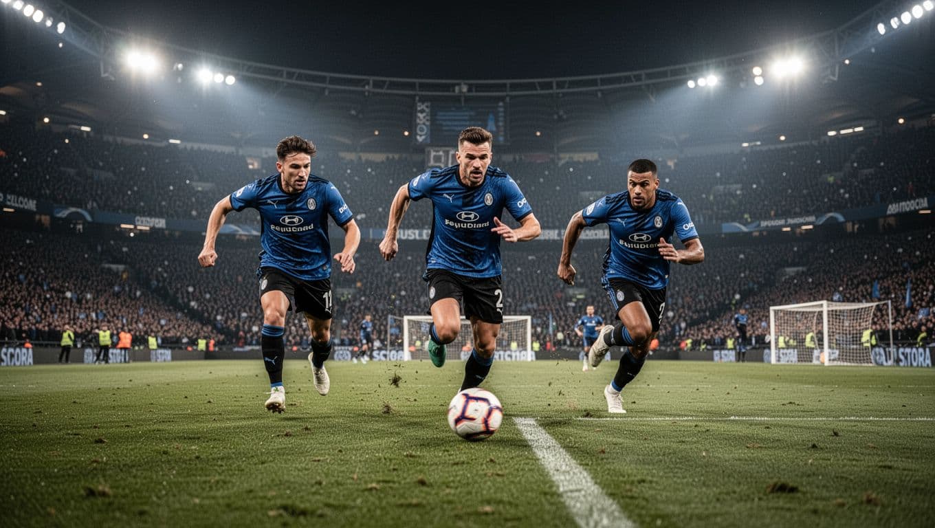 Three players in blue and black jerseys advance the ball towards the penalty area at San Siro stadium at night.