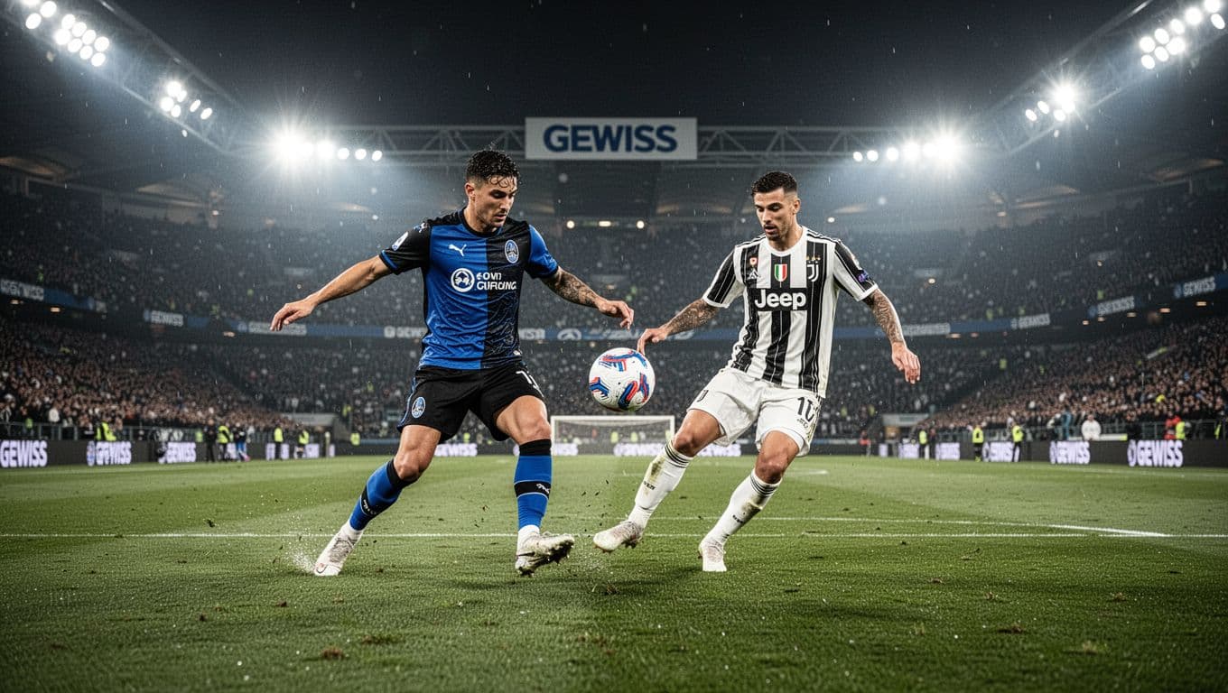 Atalanta player in blue-black kit dribbles past Juventus defender with ball in air under bright lights at Gewiss Stadium.