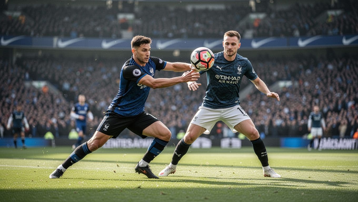 Atalanta defender in blue-black kit blocks shot from opponent at Gewiss Stadium.