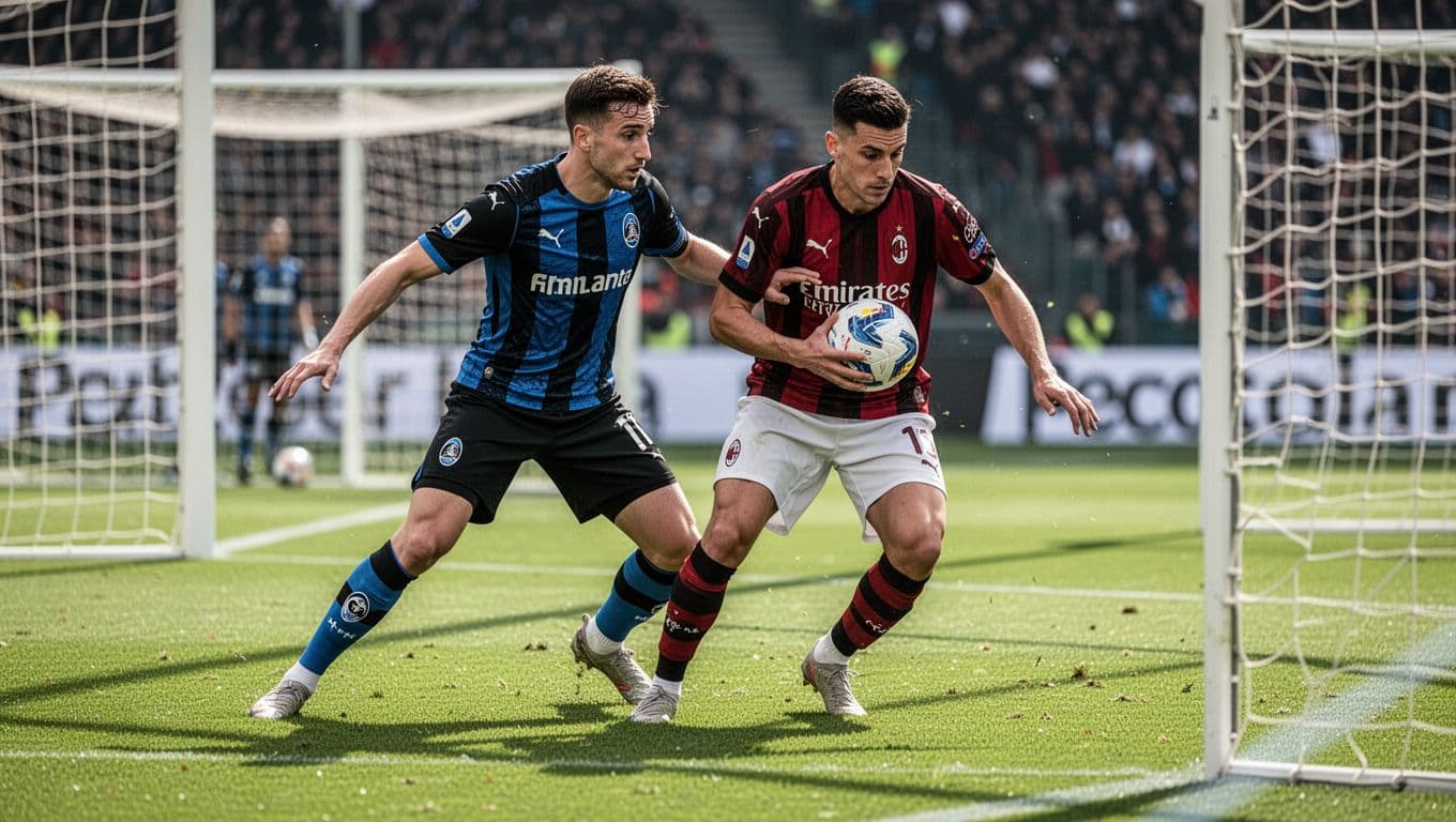 Atalanta players in blue-black jerseys surround AC Milan defender with ball near goal on green pitch.