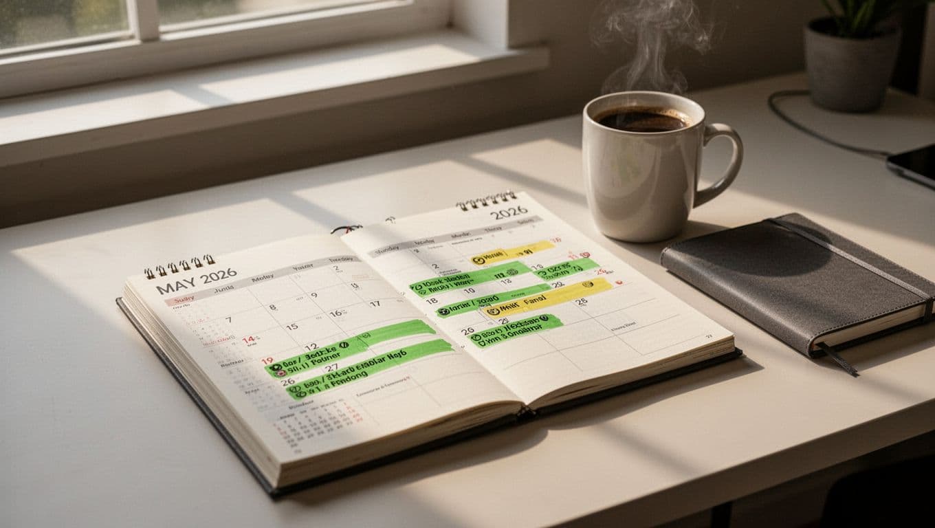 Desk with open May 2026 soccer calendar highlighting Atalanta fixtures vs AC Milan and Bologna, coffee mug, and notebook.