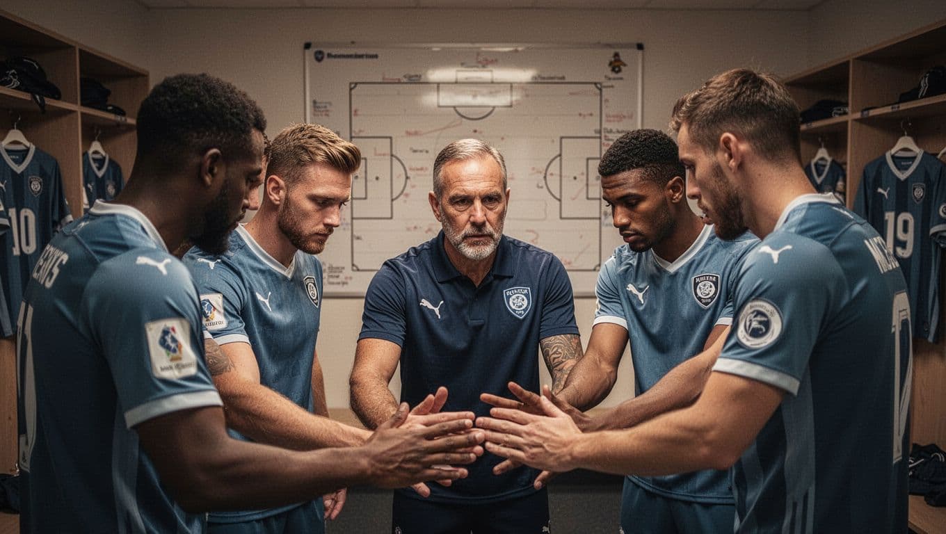 Close-up of coach and four players huddling in locker room, jerseys and tactics board behind.