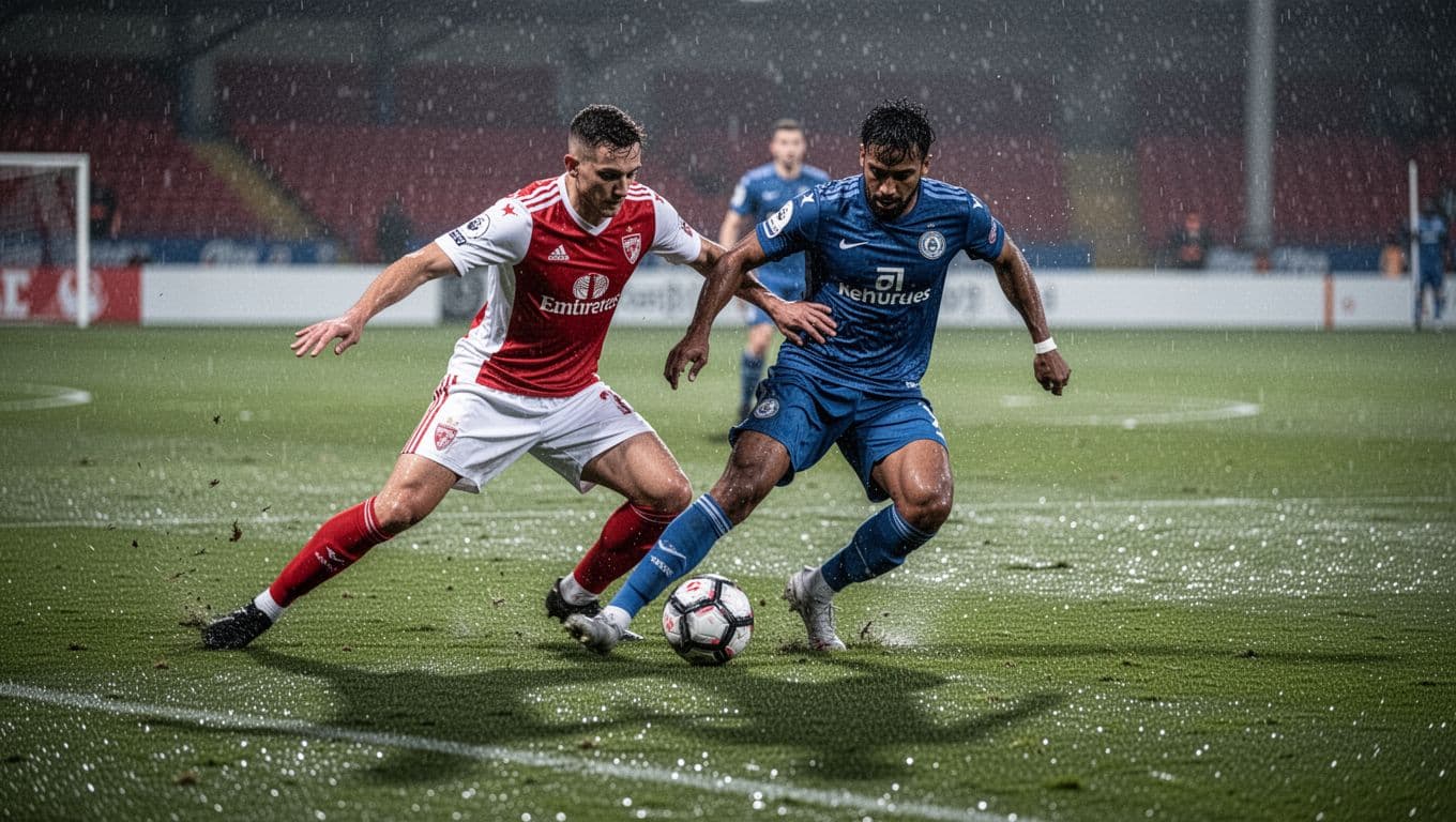 Athletic Club defender in red-white jersey tackles opponent on wet green pitch under rainy stadium lights.