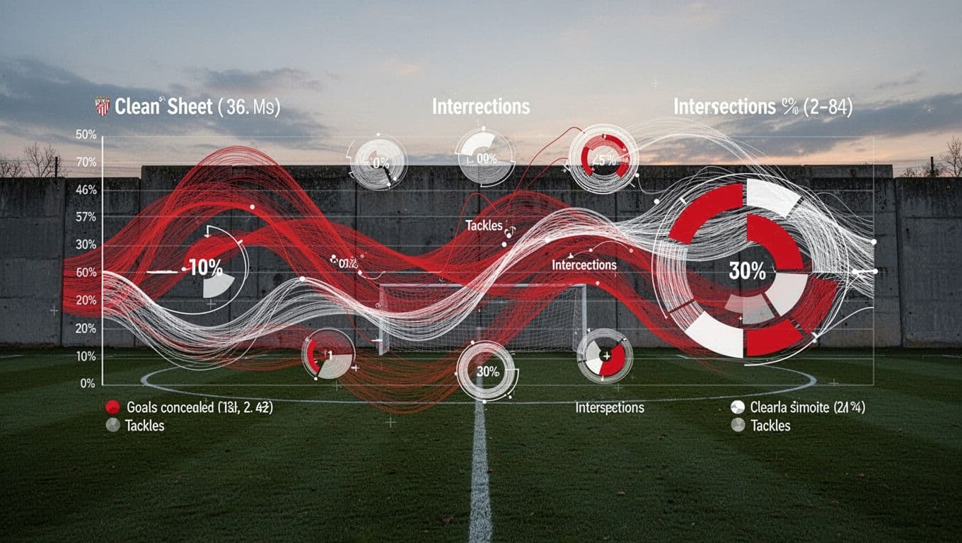 Line graph and pie chart show Athletic Club defensive stats on dusk football field with defense wall background.