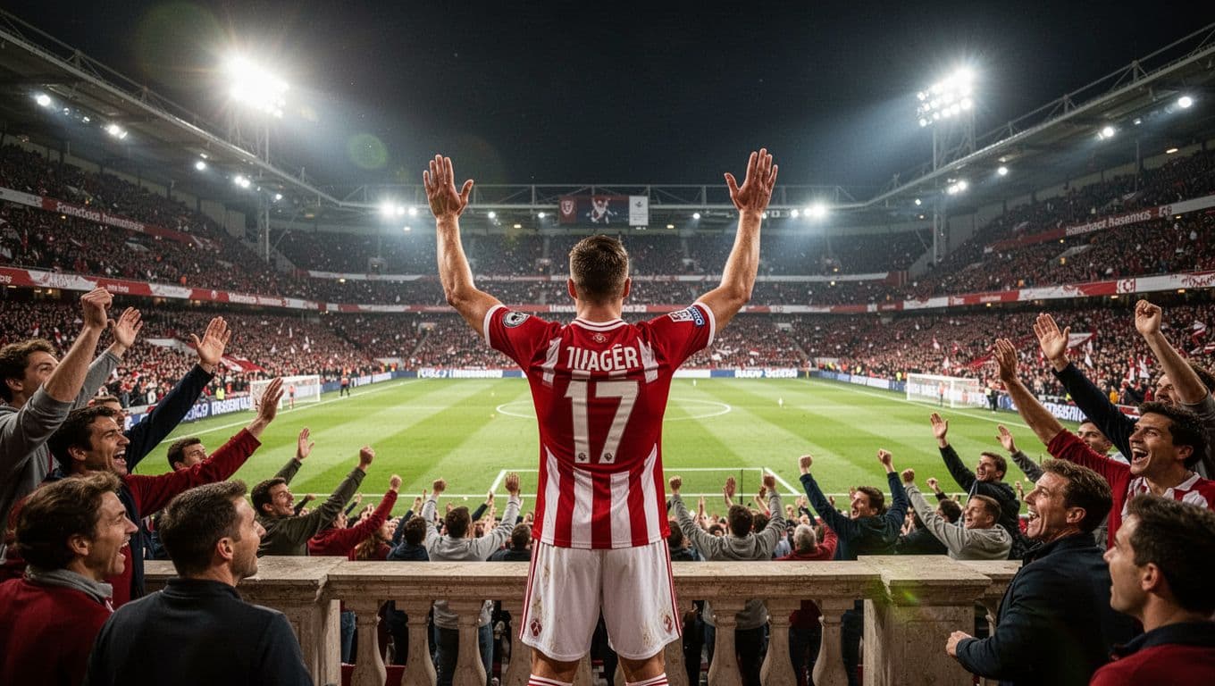 Packed Athletic Club supporters cheer in San Mamés stands as players celebrate a goal on the field under stadium lights.