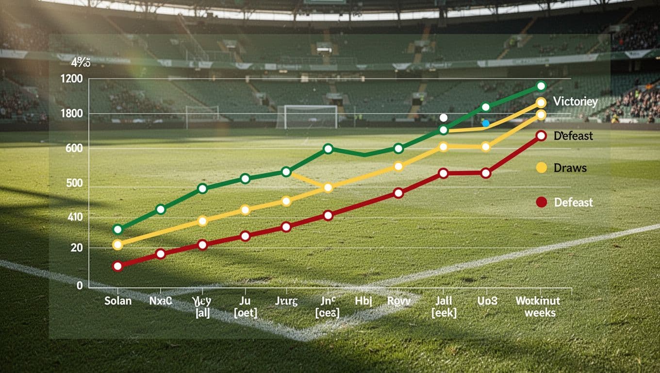 Line chart on daylight football pitch background shows green wins, yellow draws, red losses trends.