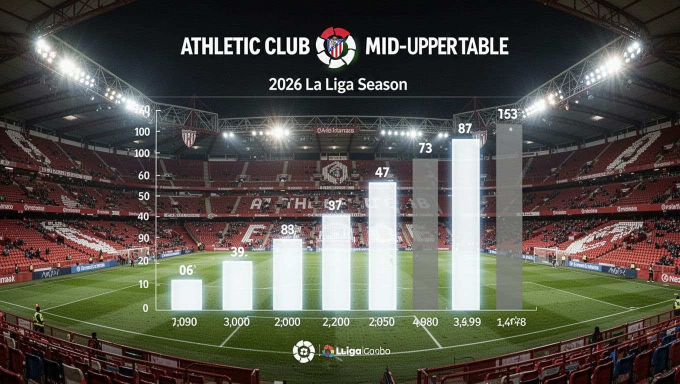 Bar chart of La Liga standings highlights Athletic Club in mid-upper position with points and goals bars on San Mames stadium night background.