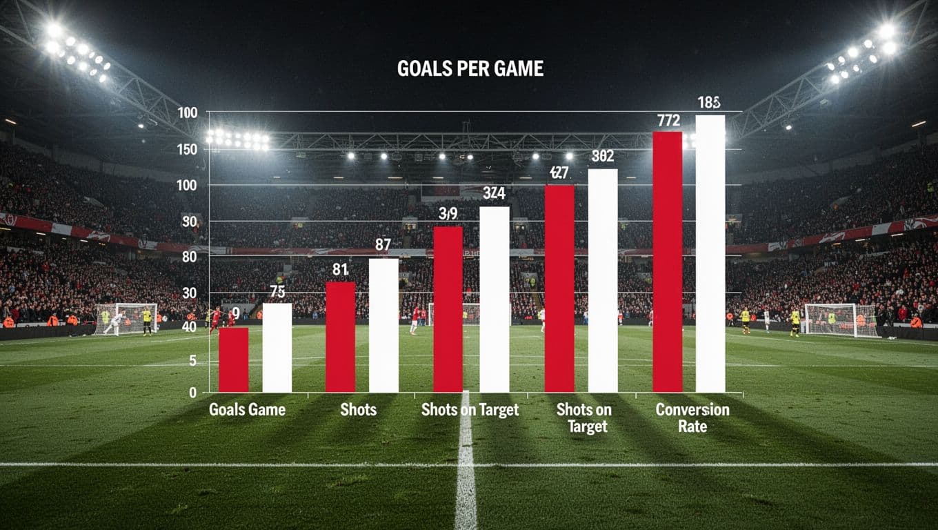 Red and white bar chart of goals per game, shots, shots on target, and conversion rate on San Mames pitch under floodlights.