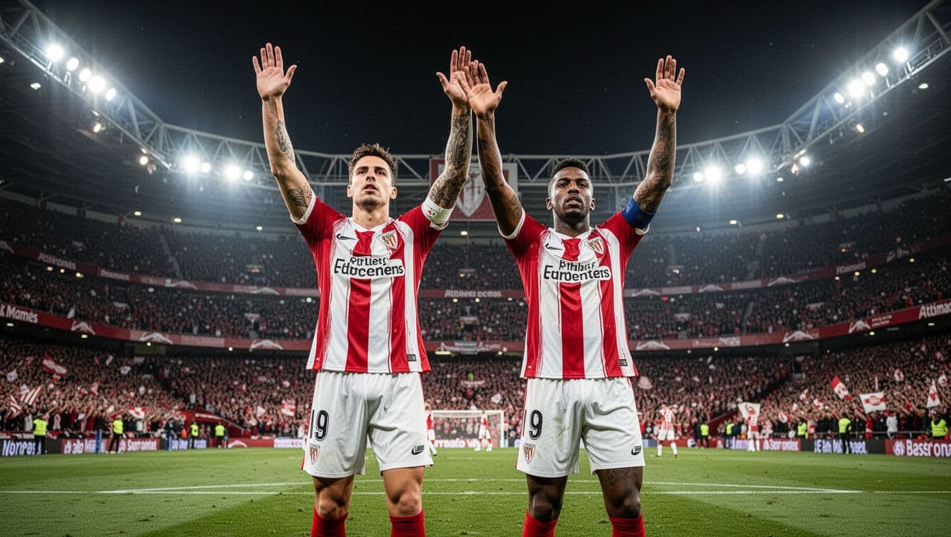 Five Athletic Club players in red-white jerseys raise arms in celebration on San Mames pitch at night toward cheering crowd under floodlights.