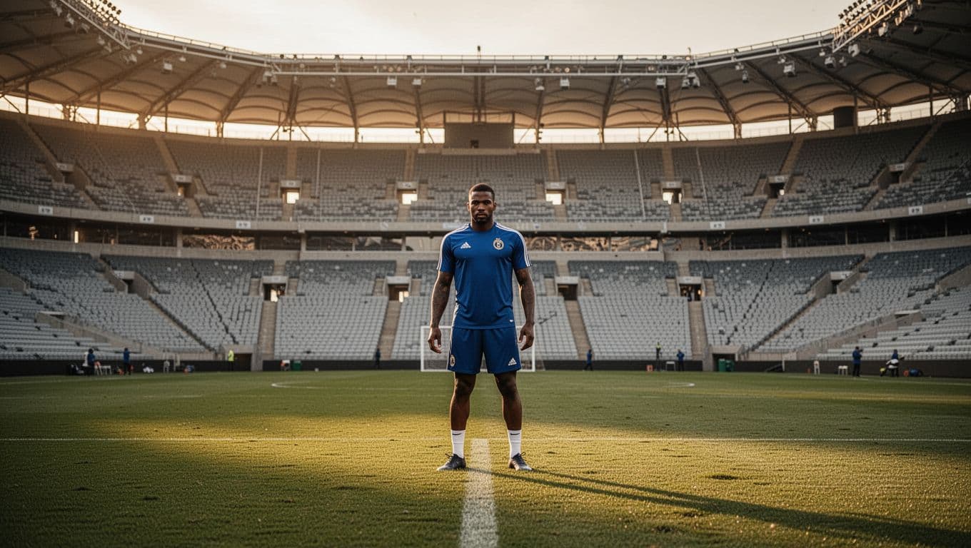 Seorang pemain sepak bola dengan jersey biru berlatih dengan serius di tengah lapangan stadion besar. Cahaya matahari sore yang hangat menyinari rumput hijau, menciptakan suasana latihan yang penuh dedikasi dan profesional.