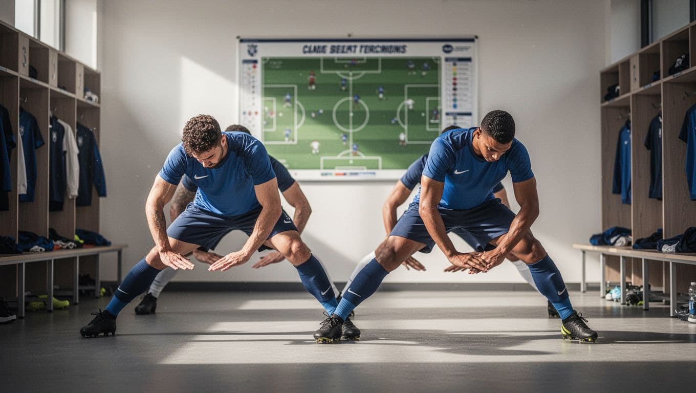Dua pemain sepak bola sedang melakukan peregangan otot yang intens di dalam ruang ganti stadion modern. Di latar belakang, terlihat papan tulis taktik yang buram dengan skema formasi pertandingan.