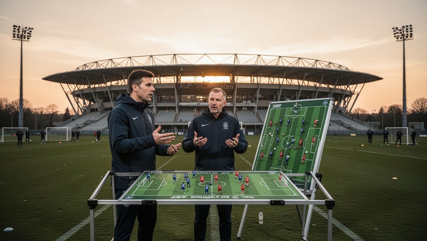 A focused soccer coach stands before a whiteboard displaying tactical formations on a vast grass training pitch. The modern stadium glows in the background under warm golden sunset light.