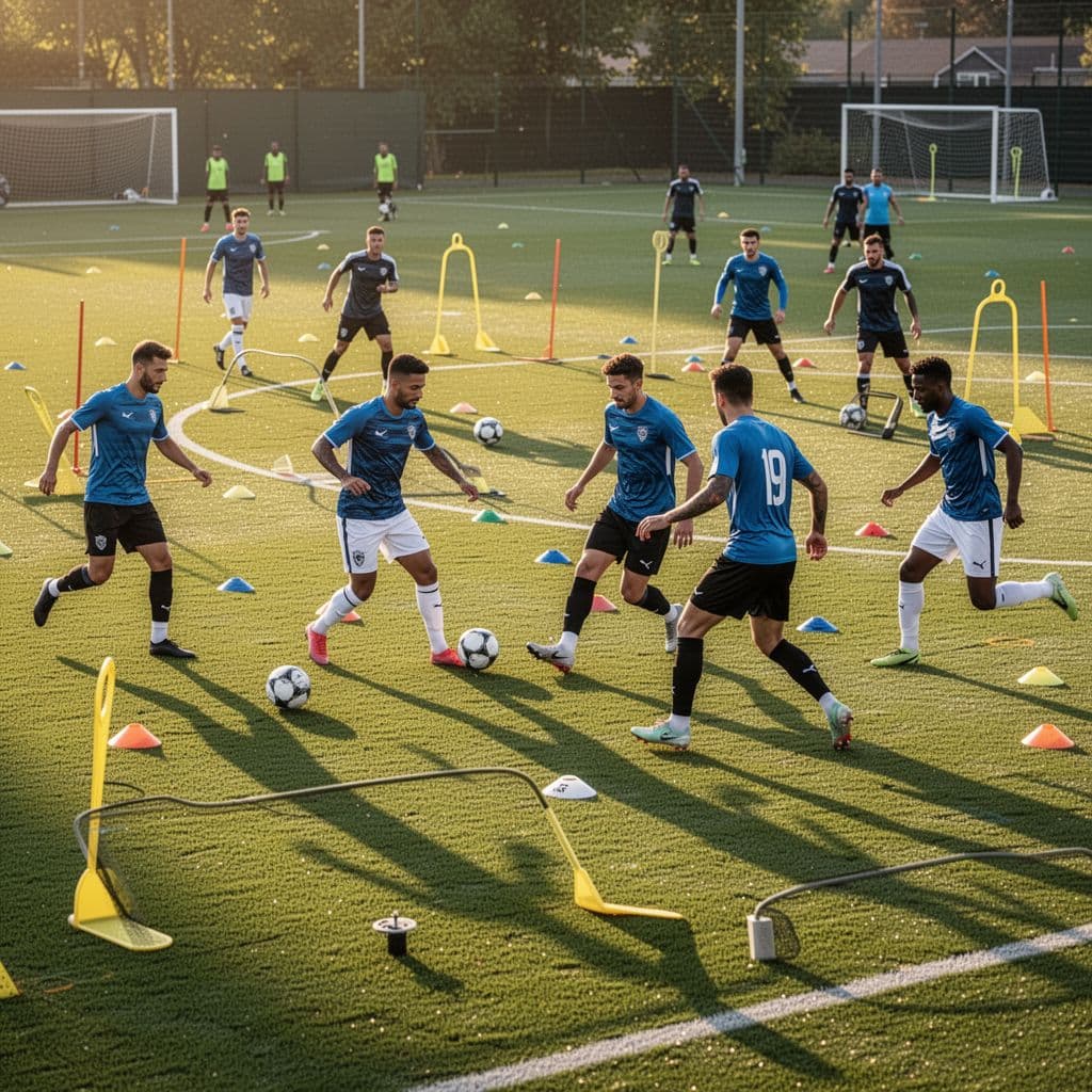 Professional football players engage in a coordinated tactical drill on a lush green pitch. The golden afternoon sun highlights their focused expressions and disciplined positioning during this intense team practice session.