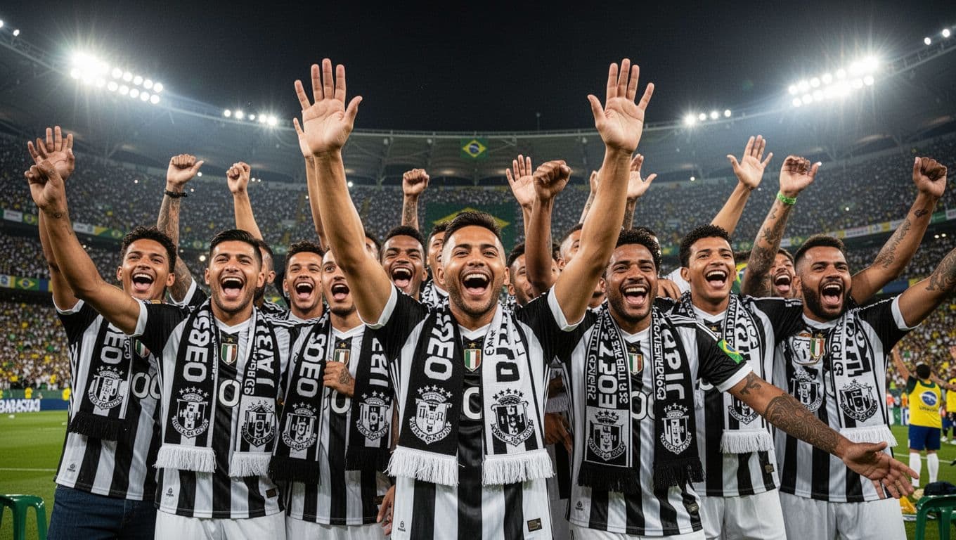 Twelve fans in black and white jerseys and scarves cheer with raised arms and excited faces in a packed night stadium.
