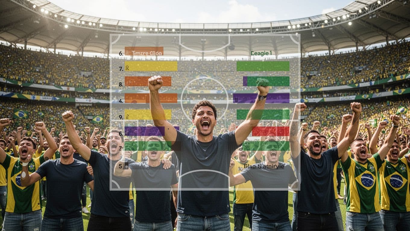 Atlético Mineiro fans cheer in Brazilian stadium with mid-table league graphic in background.