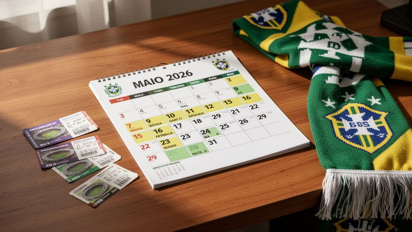 Calendar on wooden desk highlights Atlético Mineiro games versus Palmeiras, Mirassol, Cienciano with ticket stubs and scarf nearby.