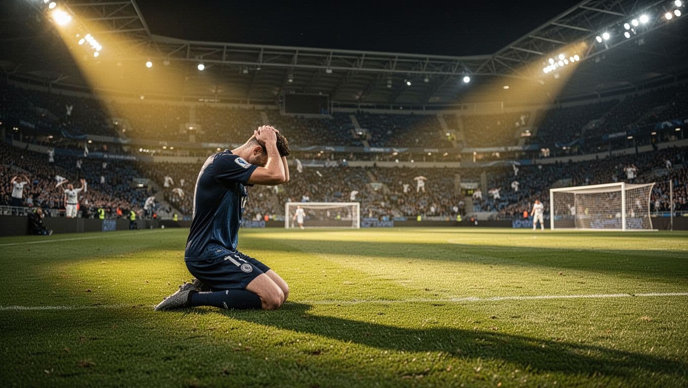 Atlético Mineiro player kneels disappointed on green pitch at Arena MRV after 0-4 Flamengo defeat, blurred fans in tense night background.