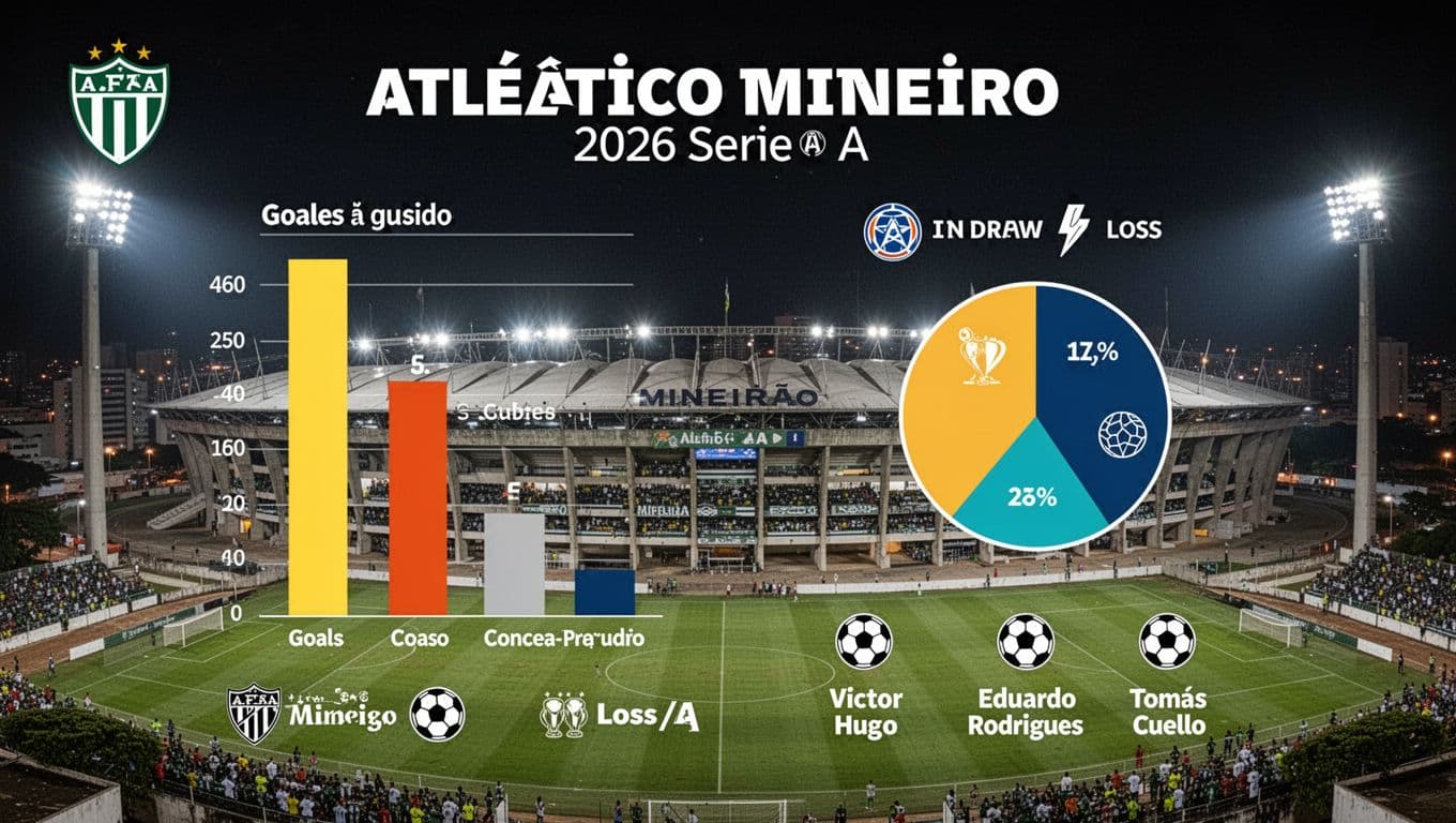 Infographic with goals bar chart (GF:17 GA:20), win-draw-loss pie chart (5-2-7), top scorers icons, position 11, on Mineirao stadium night background.