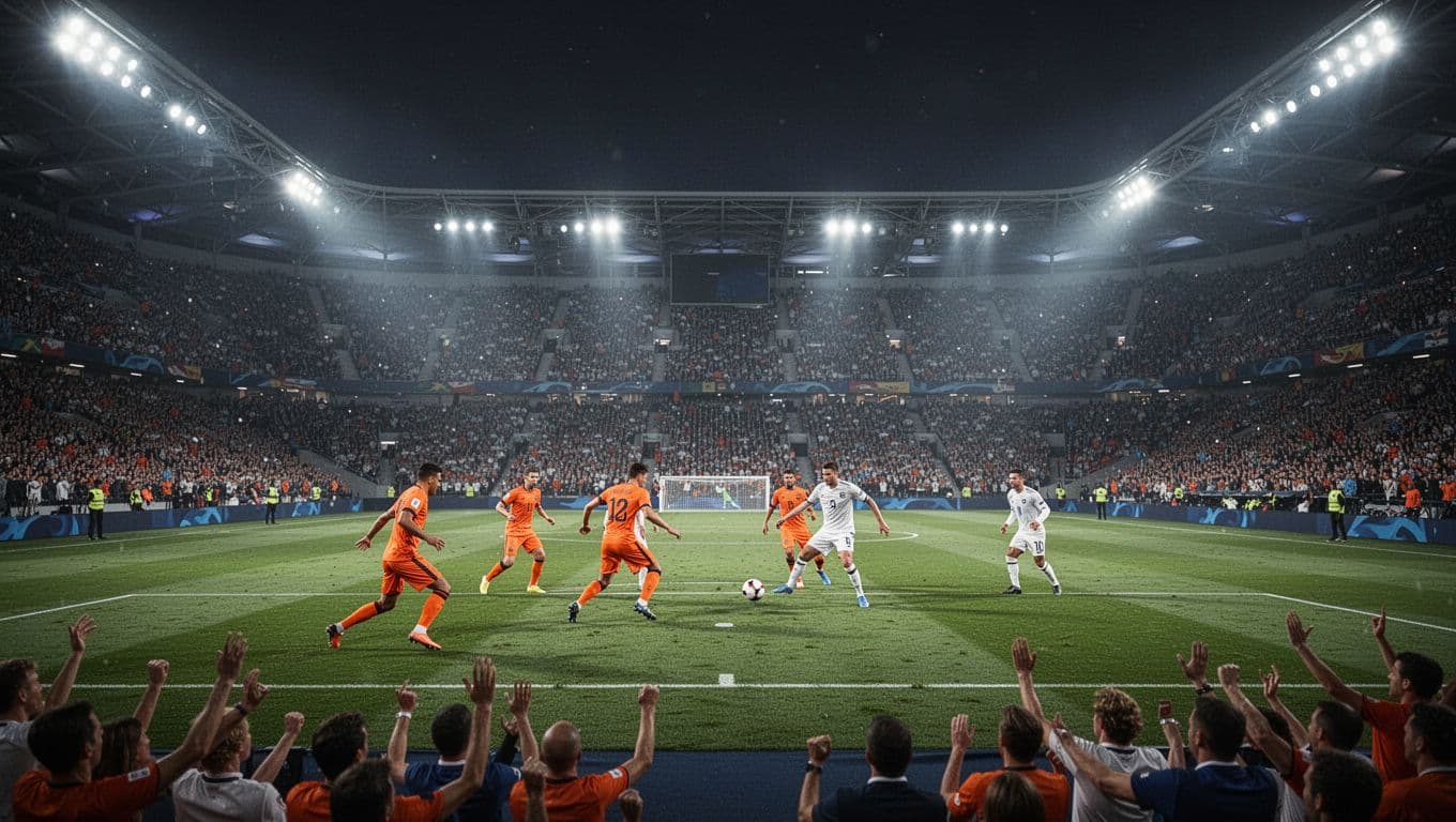 Ribuan penonton memadati stadion megah saat pertandingan malam yang dramatis berlangsung. Pemain berjersey oranye dan putih tengah berduel sengit memperebutkan satu bola di bawah sorotan lampu stadion yang sangat terang benderang.