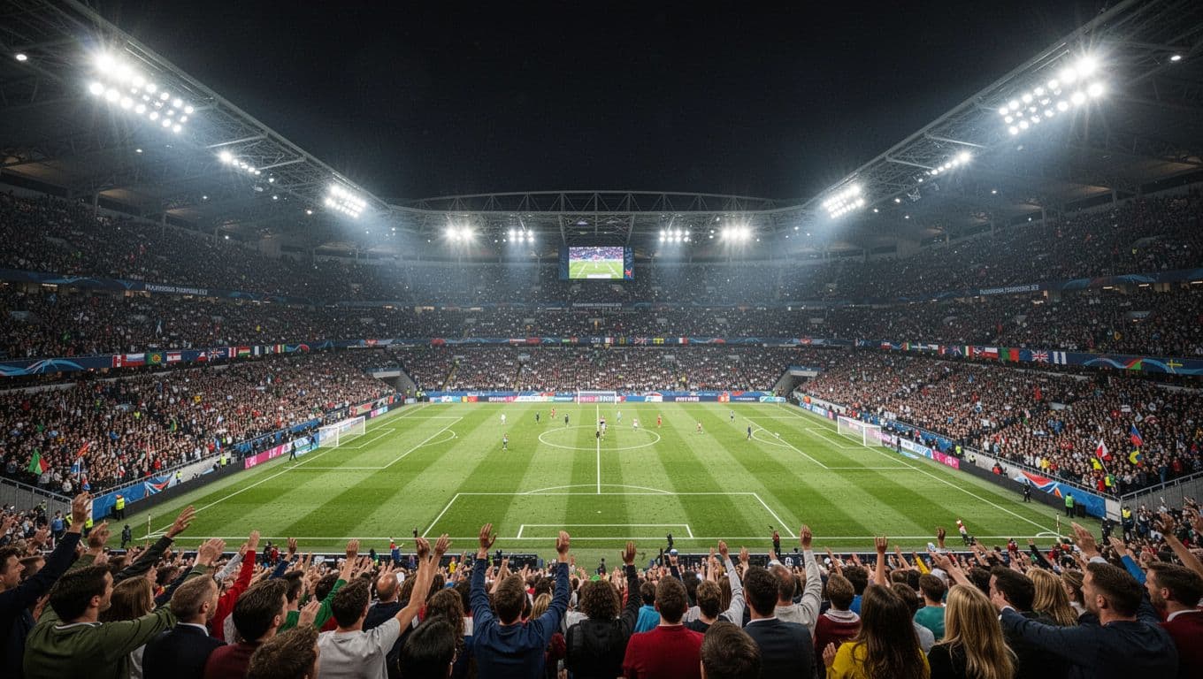 Ribuan penonton memadati tribun stadion besar saat pertandingan malam hari. Lampu sorot raksasa menerangi rumput hijau lapangan di bawah langit gelap, menciptakan suasana turnamen sepak bola internasional yang sangat mendebarkan.