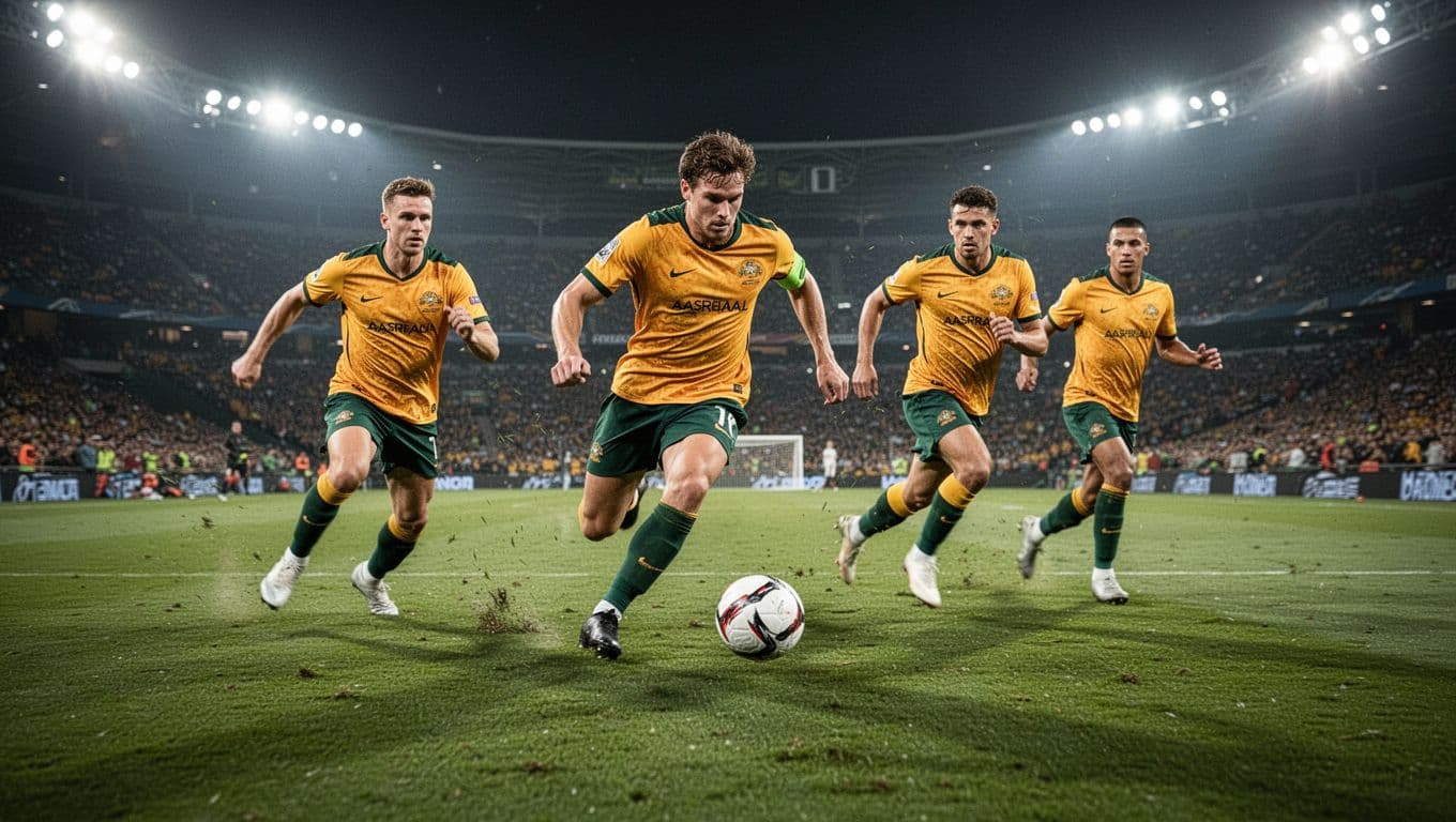An Australian player sprints across the grass pitch dribbling a soccer ball while teammates provide tactical support behind him. Bright stadium floodlights illuminate the vibrant green turf during this competitive match.