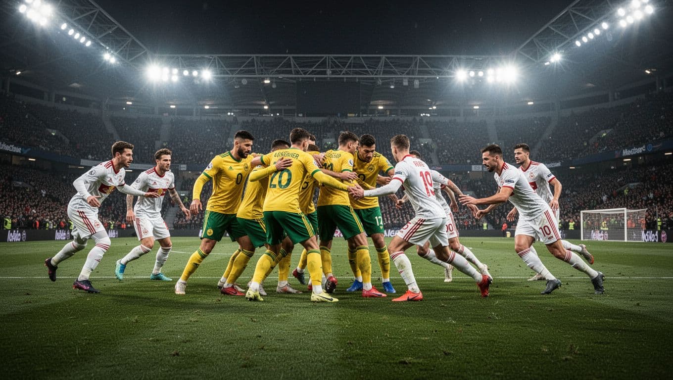 Players in yellow and green kits maintain a tight defensive block across the lush pitch. The opposing team in white and red attempts to penetrate this structured formation under stadium lights.