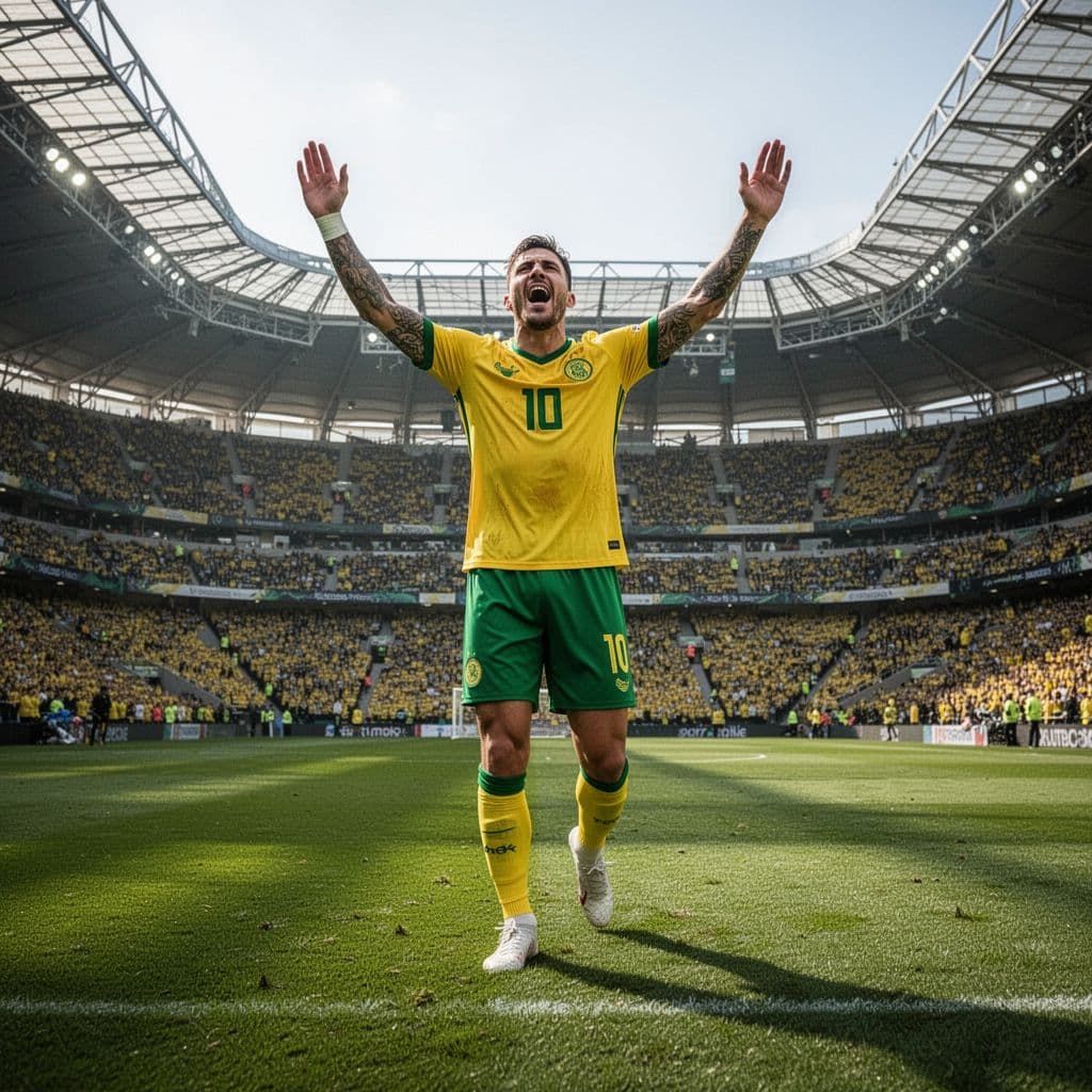 A professional athlete wearing a bright yellow and green kit runs across a lush grass field. The player celebrates a successful strike under clear daylight inside a large modern stadium.