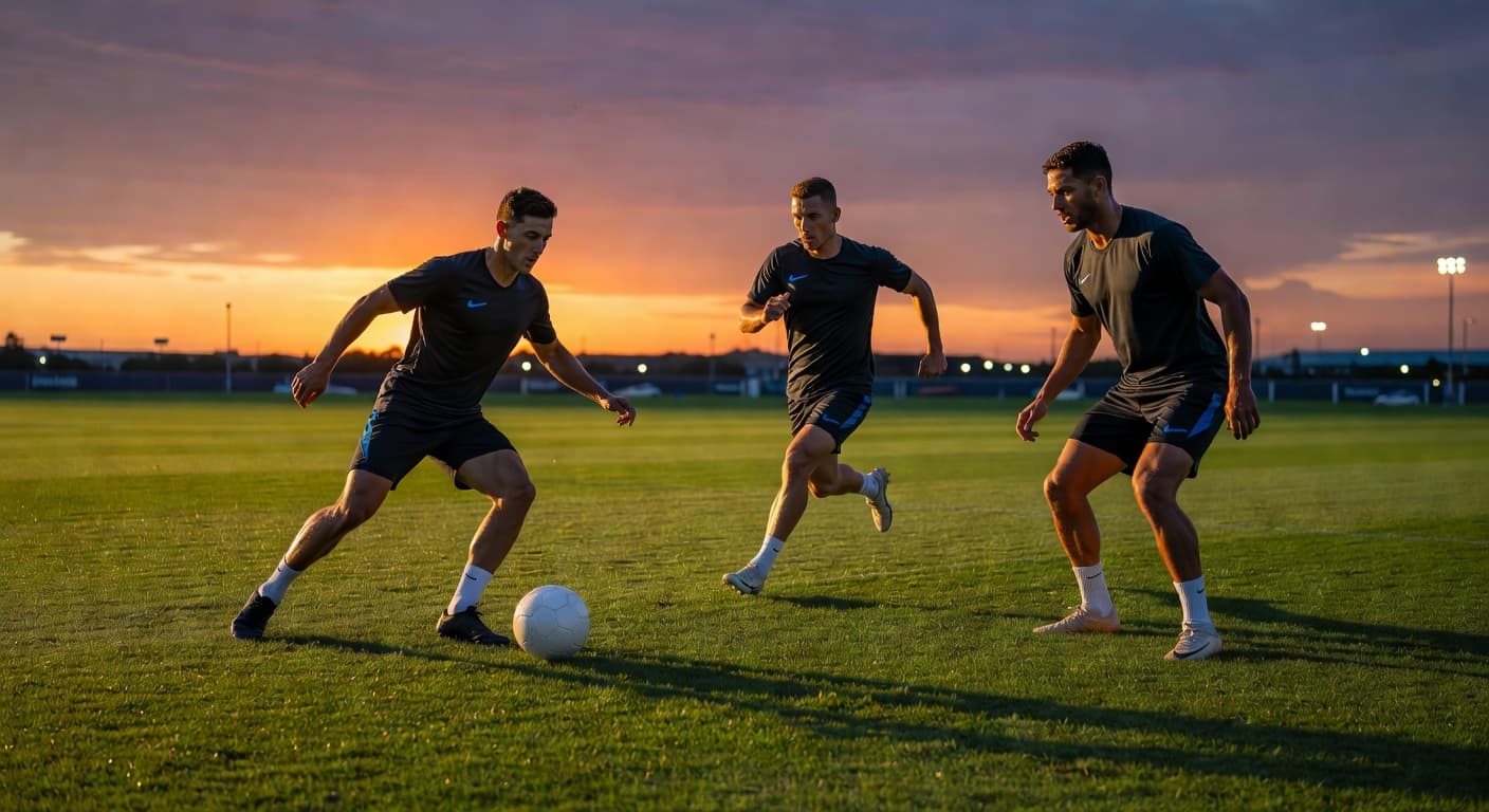 Three professional athletes practice on a lush green grass pitch under the golden glow of a setting sun. A solitary soccer ball rests nearby as players focus intensely on their drills.