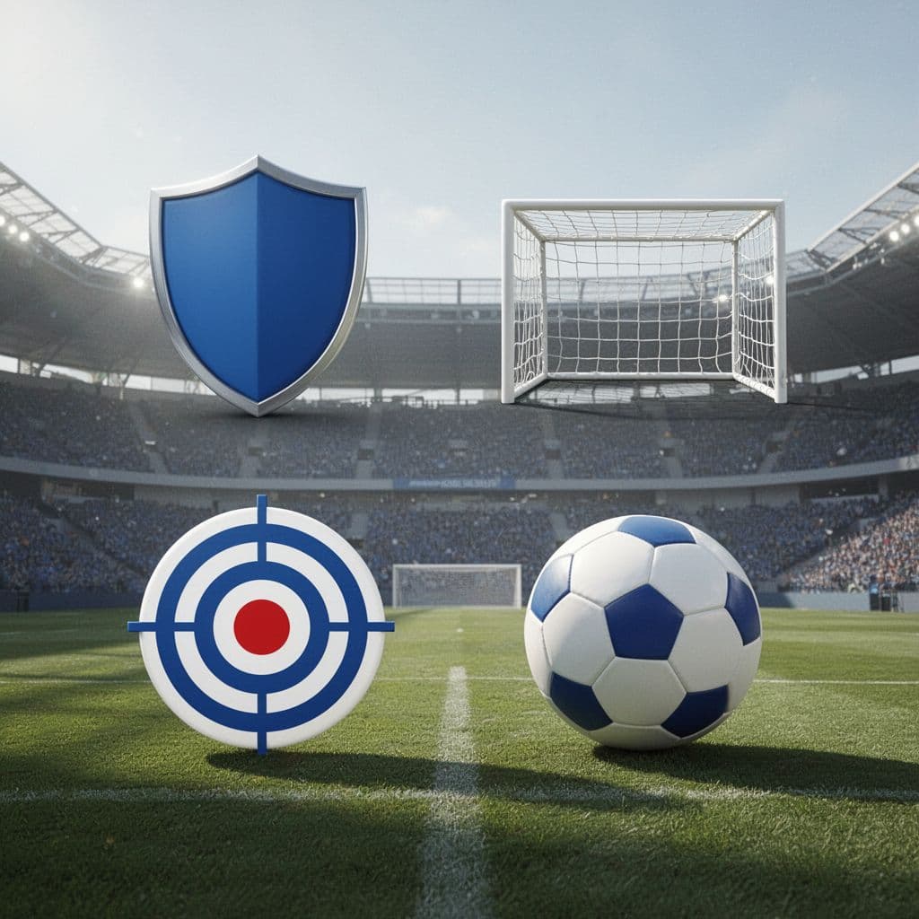 Four icons shield, goal net, shots target, possession ball in blue-white on minimal stadium background.