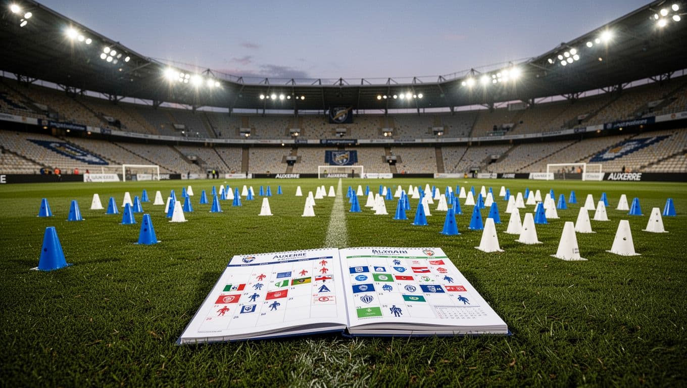 Visual calendar on Auxerre stadium pitch under evening lights highlights key Ligue 1 matches and dense periods with home-away icons.
