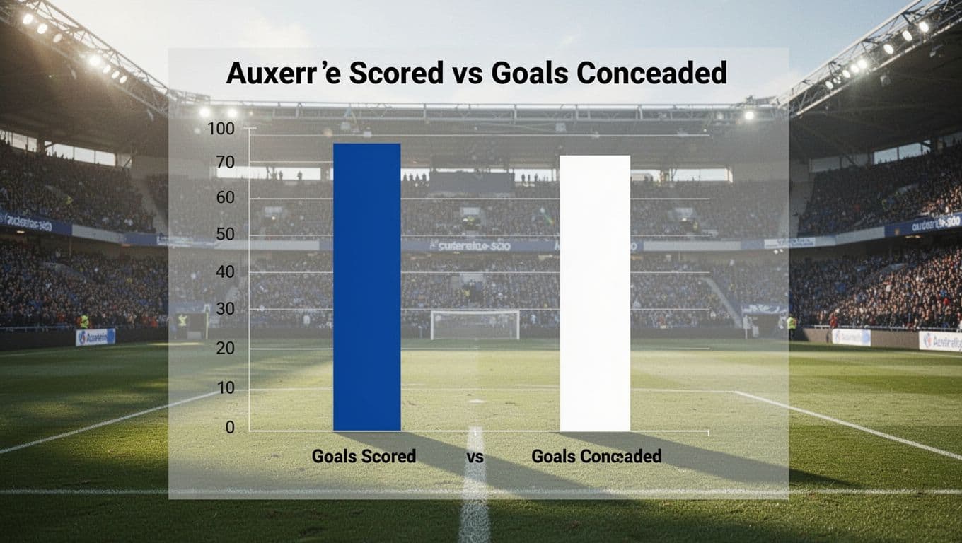Centered bar chart compares Auxerre's goals scored and conceded in Ligue 1 on stadium pitch background.