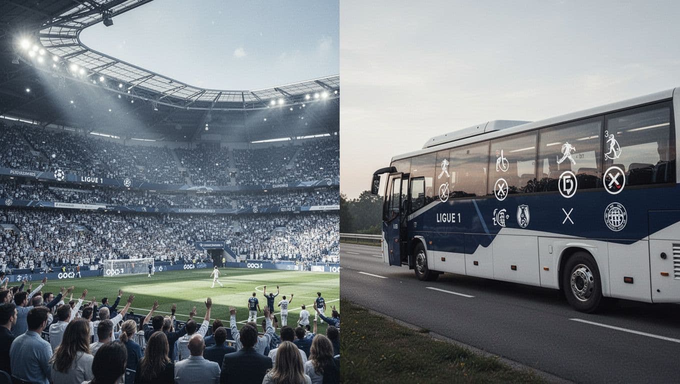Split infographic shows Auxerre Ligue 1 home stats with stadium crowd and away with travel bus, blue-white icons for wins, draws, losses, goals.