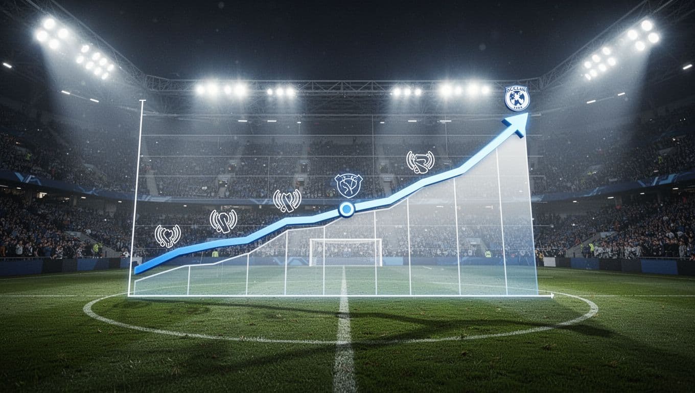 Futuristic chart on stadium pitch shows Auxerre rising in Ligue 1 table with upward trend line and win icons in blue-white colors.