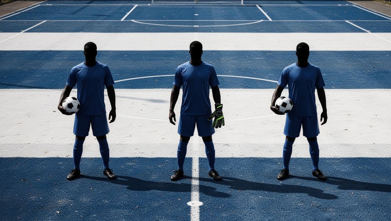 Three silhouetted football players in relaxed poses on blue-white pitch background with stat icons.