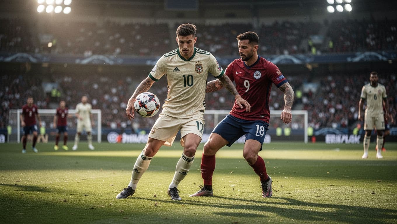 An Iraqi national team forward grips a soccer ball at midfield while an opposing defender looms nearby. The lush green grass shines under bright stadium lights during a professional match.