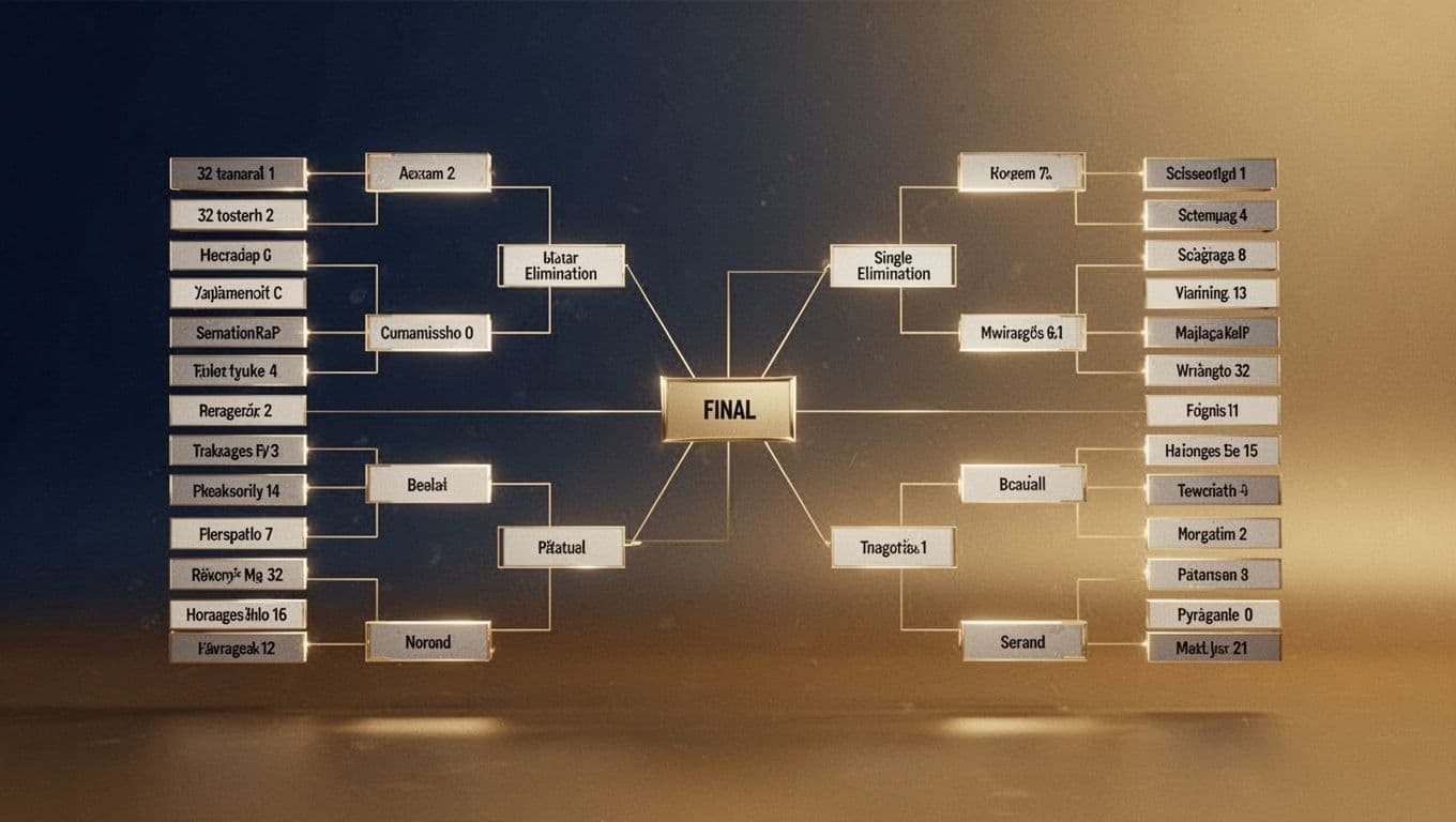 Ilustrasi minimalis struktur eliminasi 32 tim dengan garis koneksi emas yang mengarah ke pusat final. Latar belakang gradasi biru tua menciptakan kesan profesional dan dinamis untuk visualisasi kompetisi olahraga yang bersih.