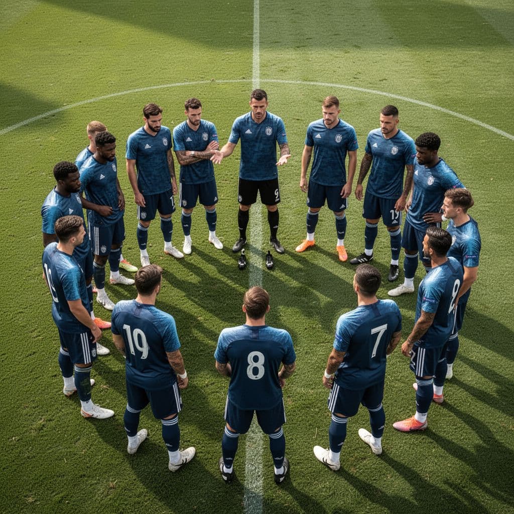 Bahia players stand in a circle on green grass field as coach gestures during training.
